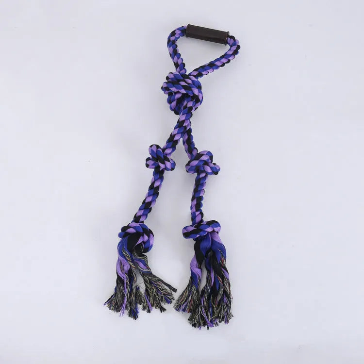 Blue and yellow heavy cotton rope dog toy with non-slip handles for large breed tug-of-war.