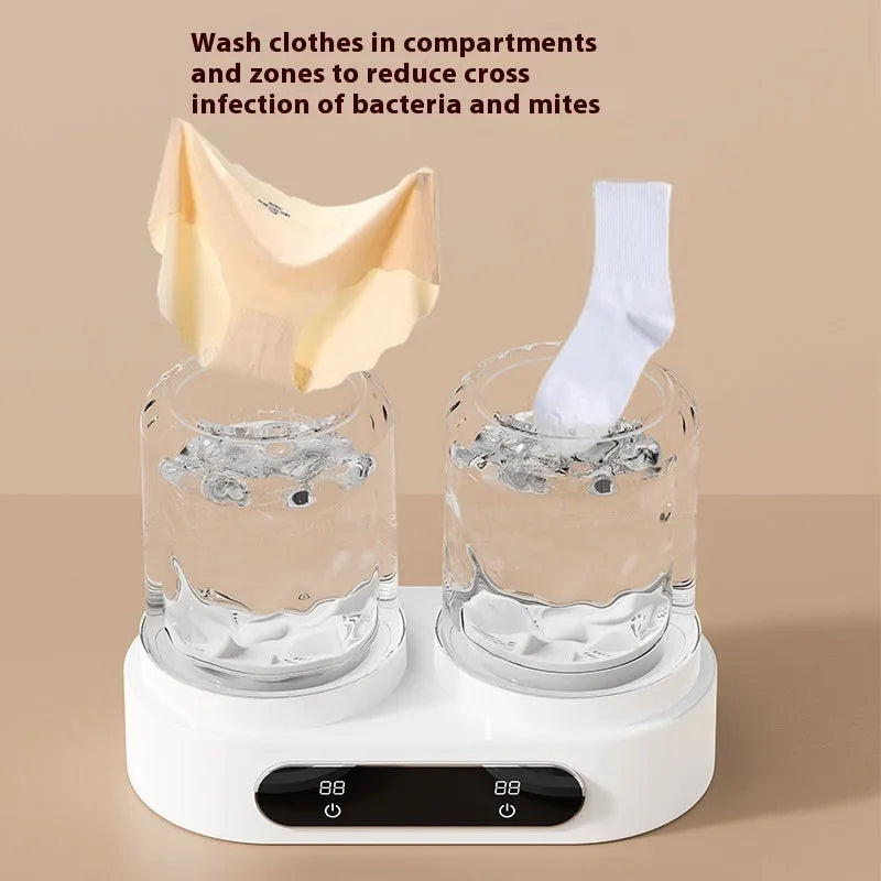 White mini washing machine with double bucket design and USB power connection