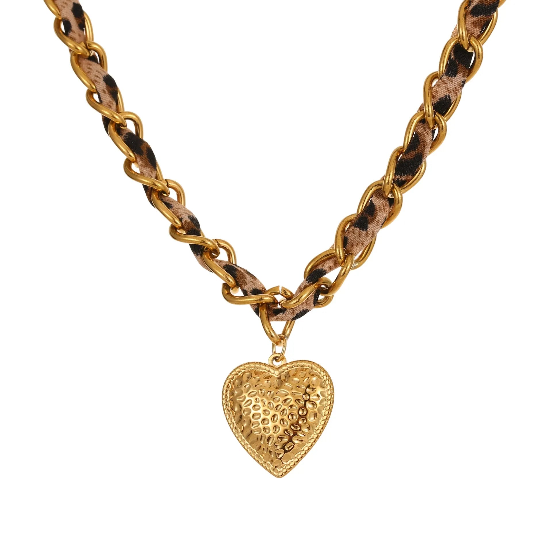 Stainless steel geometric leopard love pendant necklace with electroplated 18K finish on adjustable chain
