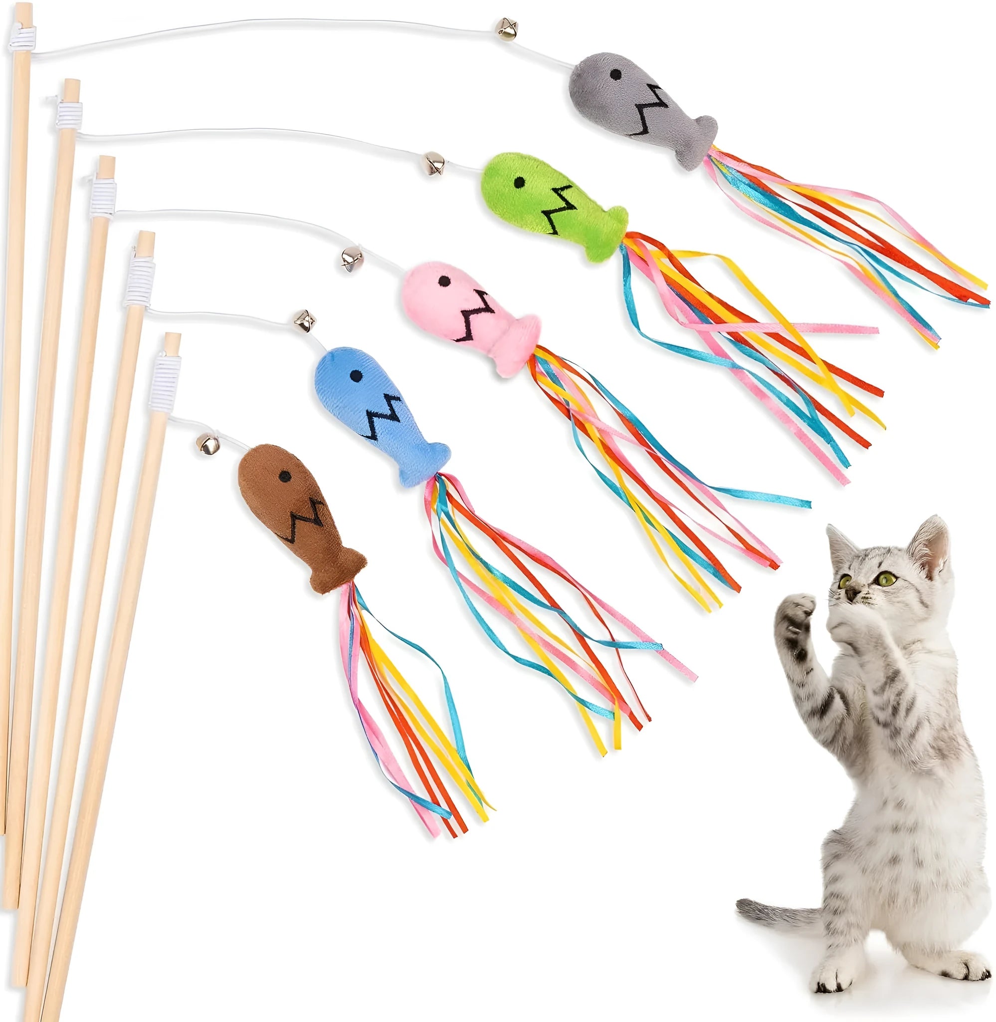 Wooden handle cat wand toy with catnip fish, colourful ribbons and bell attachment