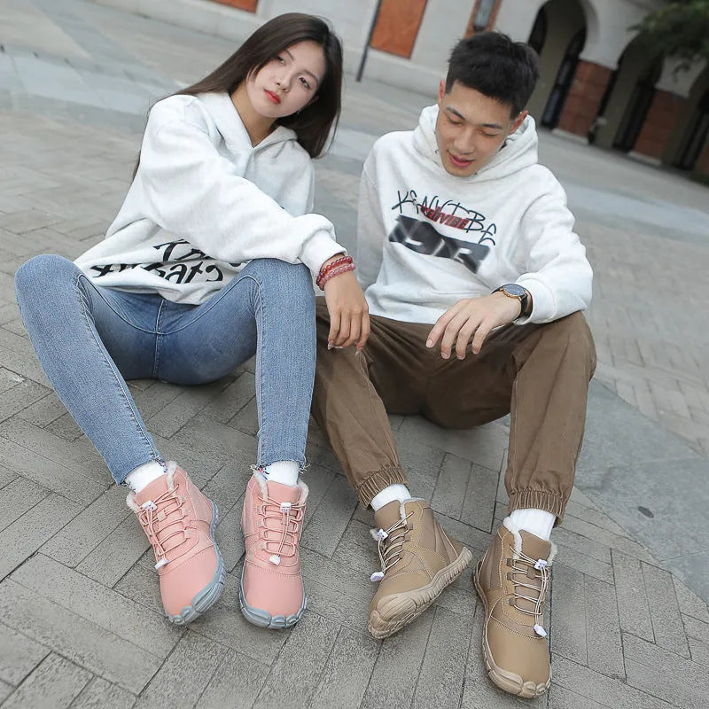 Waterproof unisex snow boots with fleece lining and non-slip rubber soles in black, pink, or khaki.