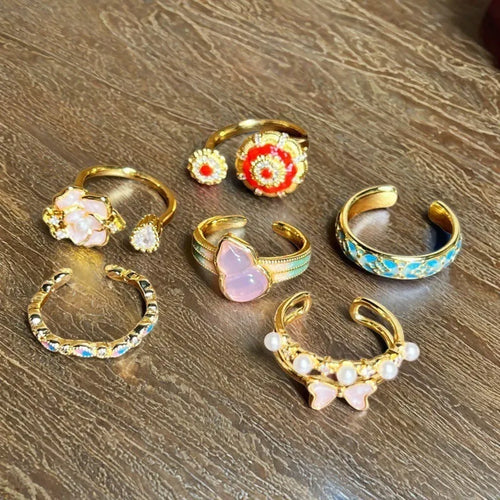 Adjustable copper ring with gourd motif, flower and bow shapes, zircon stones in six colour options