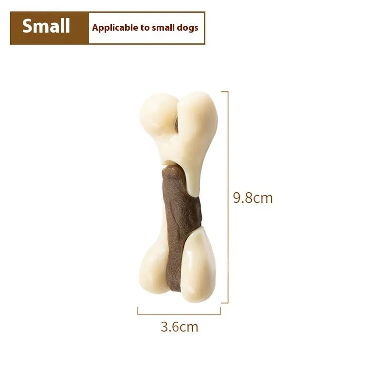Durable bone-shaped dog chewing toy made from textured cowhide and nylon in two sizes.