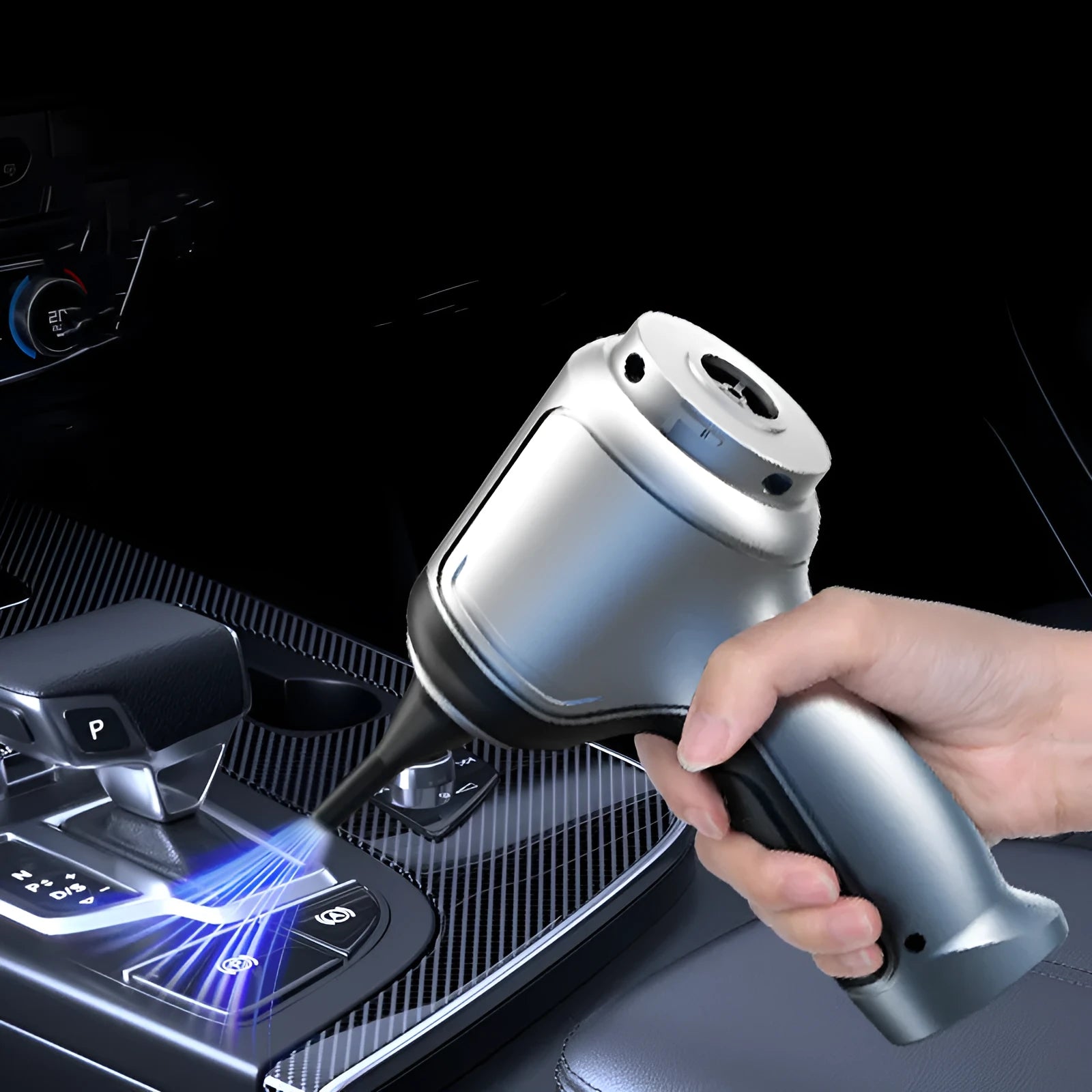 A handheld cordless vacuum cleaner with a car mount, shown on a car seat.