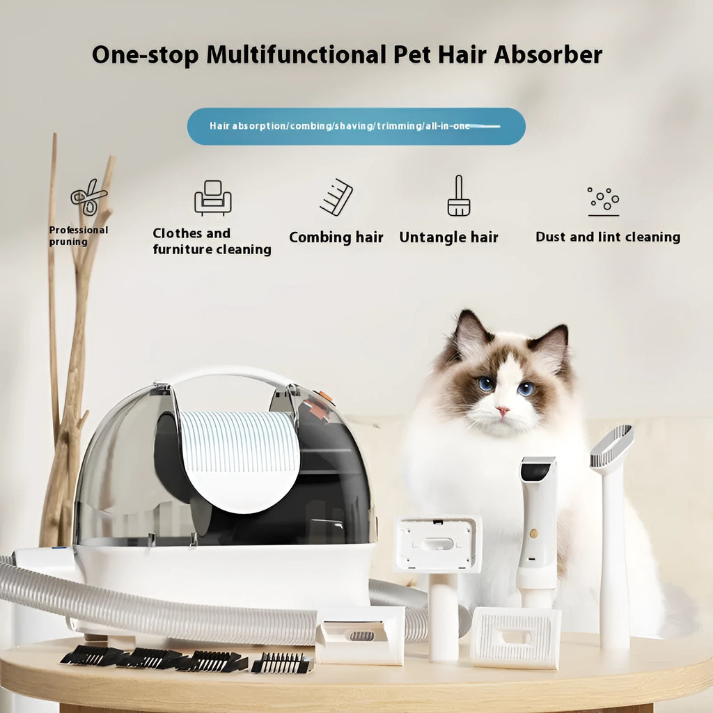 Pink and white pet grooming vacuum cleaner with electric shear and hose attachments on a white background