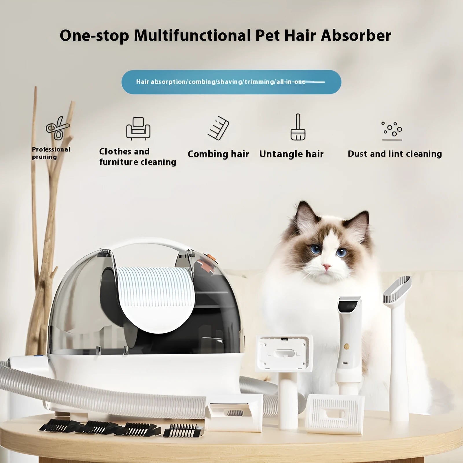Pink and white pet grooming vacuum cleaner with electric shear and hose attachments on a white background