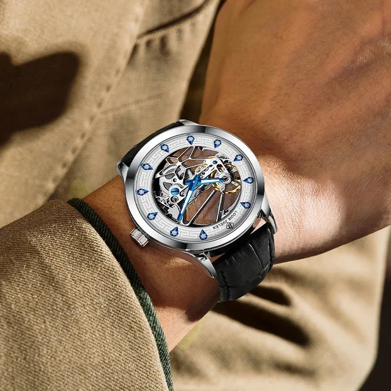 Men's mechanical watch with silver case, white dial, blue luminous hands, and black leather strap