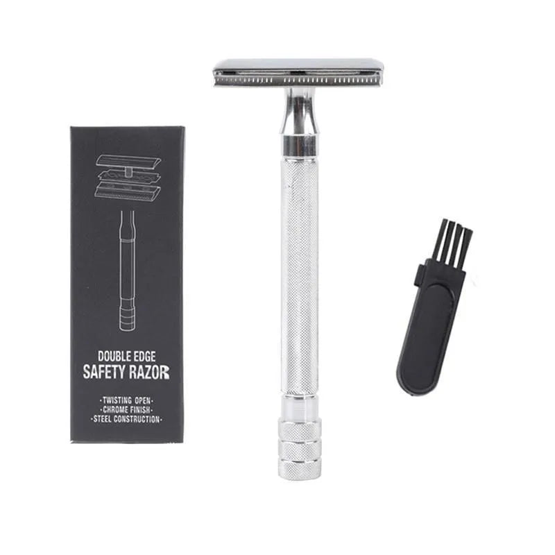 Old-fashioned manual pogonotomy scraping metal shaver with brush in black or silver
