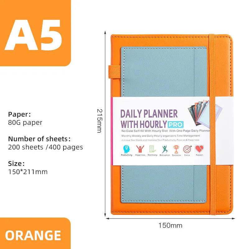 Creative trend notebook with PU cover, open to show undated strap and wood-free paper, with colour options displayed.