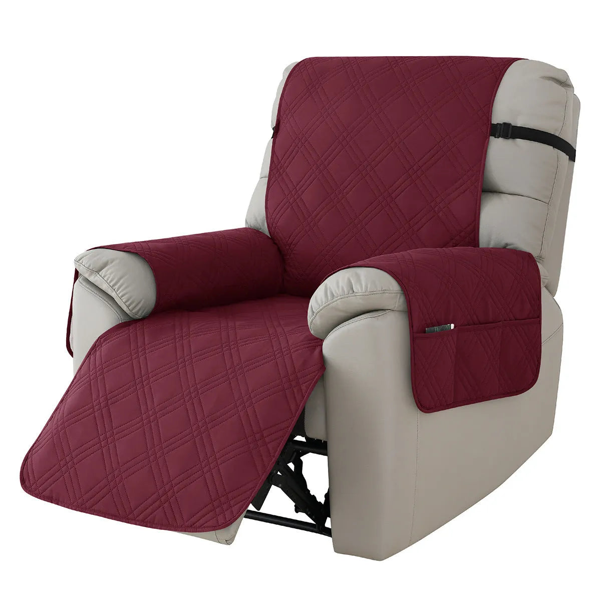 Quilted waterproof sofa cover in burgundy on a Chivas massage chair, showing three-line stitching and fitted design.