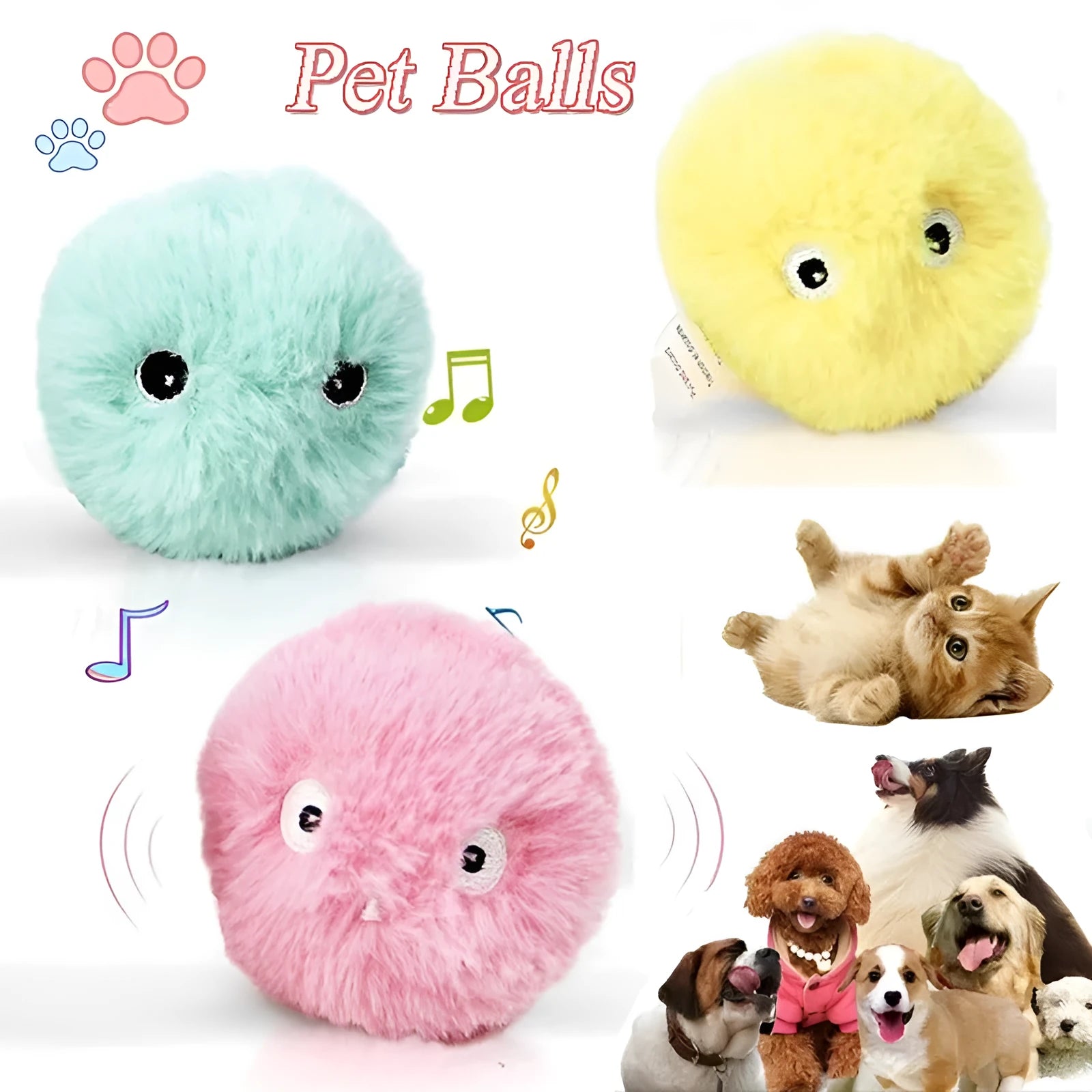 Interactive cat toy ball in blue, pink or yellow colours with 55mm diameter for touch-activated animal sounds