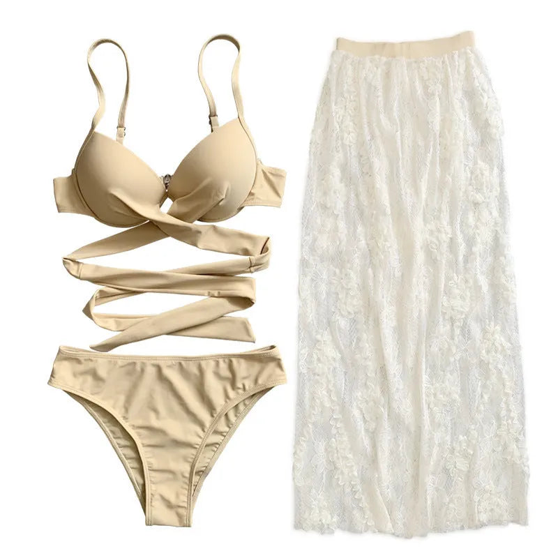 Three-piece backless push up bikini set with skirt in solid colour, showing top, panties, and skirt components in creamy white or reddish brown