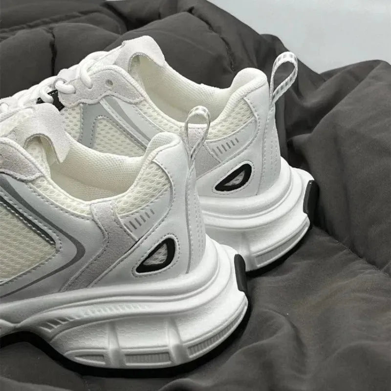 Beige mesh platform sports shoes with wedge heel and lace-up front design