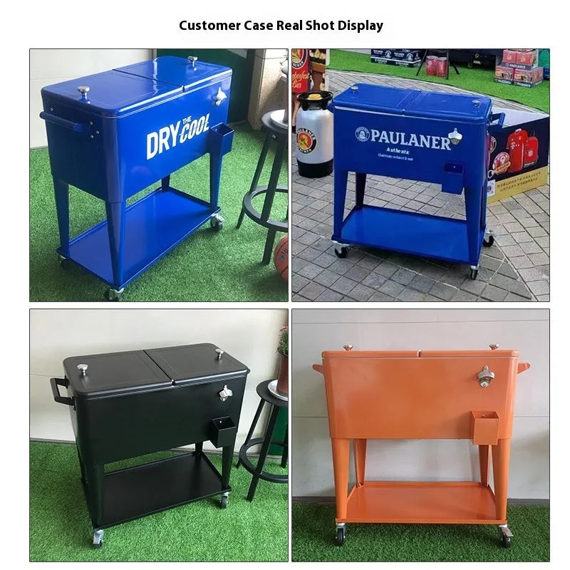 Red outdoor insulated cart with wheels for picnic food and drink temperature control