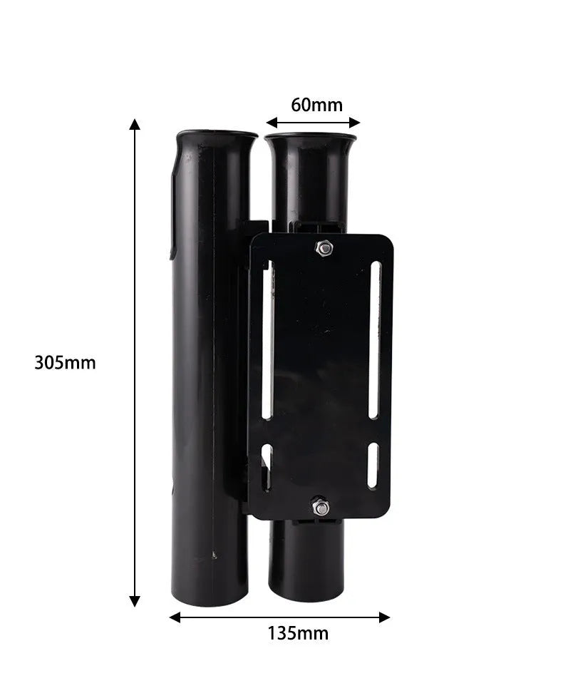Black double-layer plastic fishing rod rack with carbon fibre frame and metal pipe clamp for bicycle handlebars