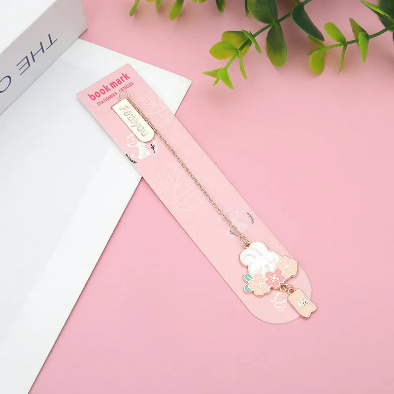 Cute cartoon metal pendant bookmark with cherry cat and sakura bunny designs