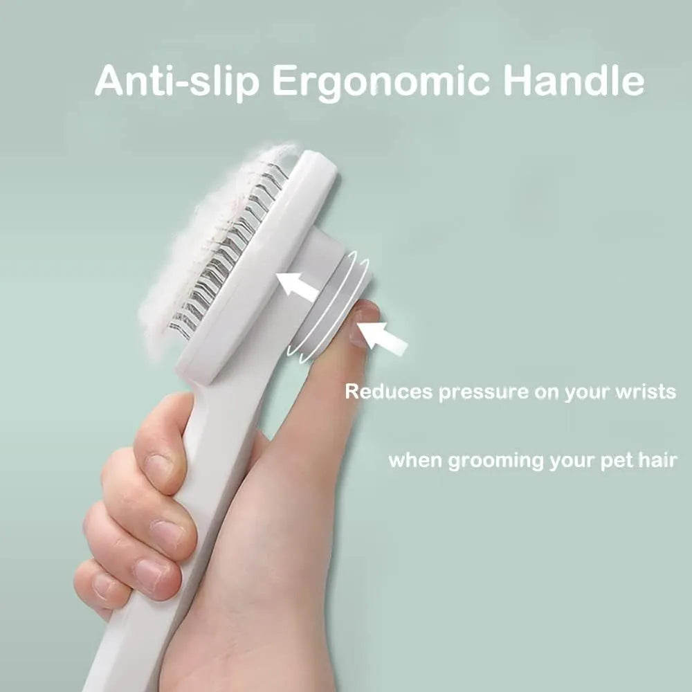 Blue self-cleaning cat and dog grooming brush with rubber handle on a white background.