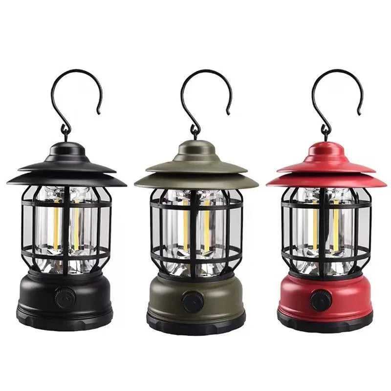 Portable camping lantern in dark green, black, or red with battery power options