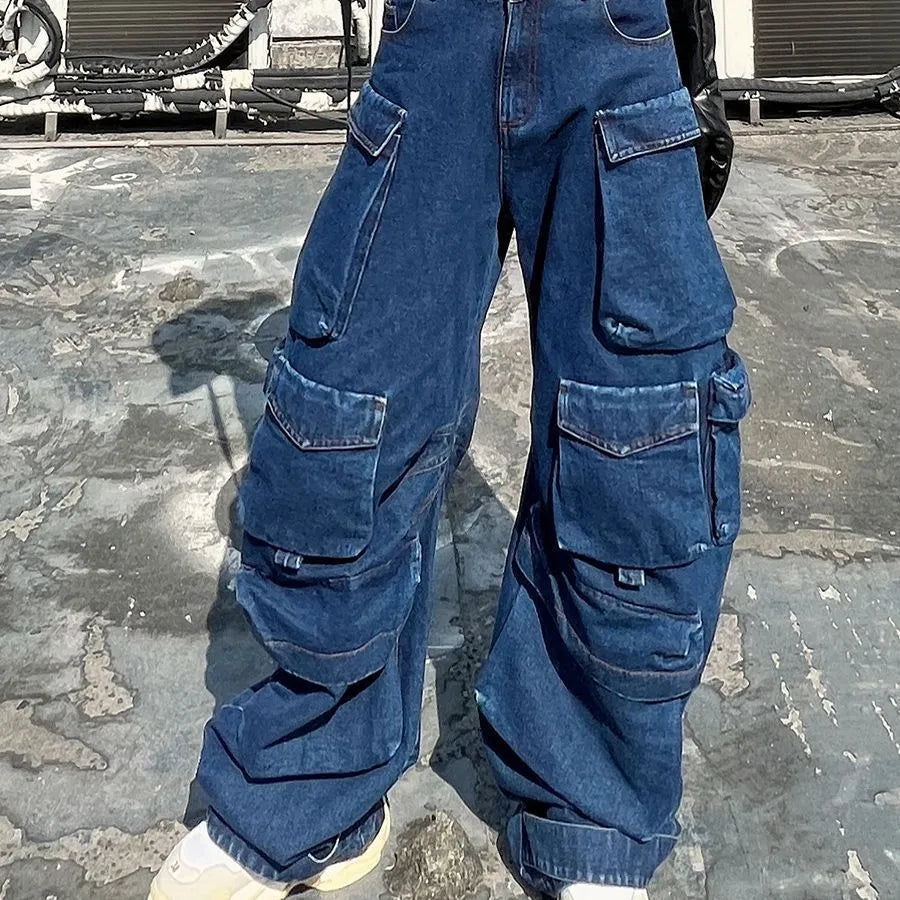Dark blue distressed wide-leg high waist women's jeans with multiple pockets.