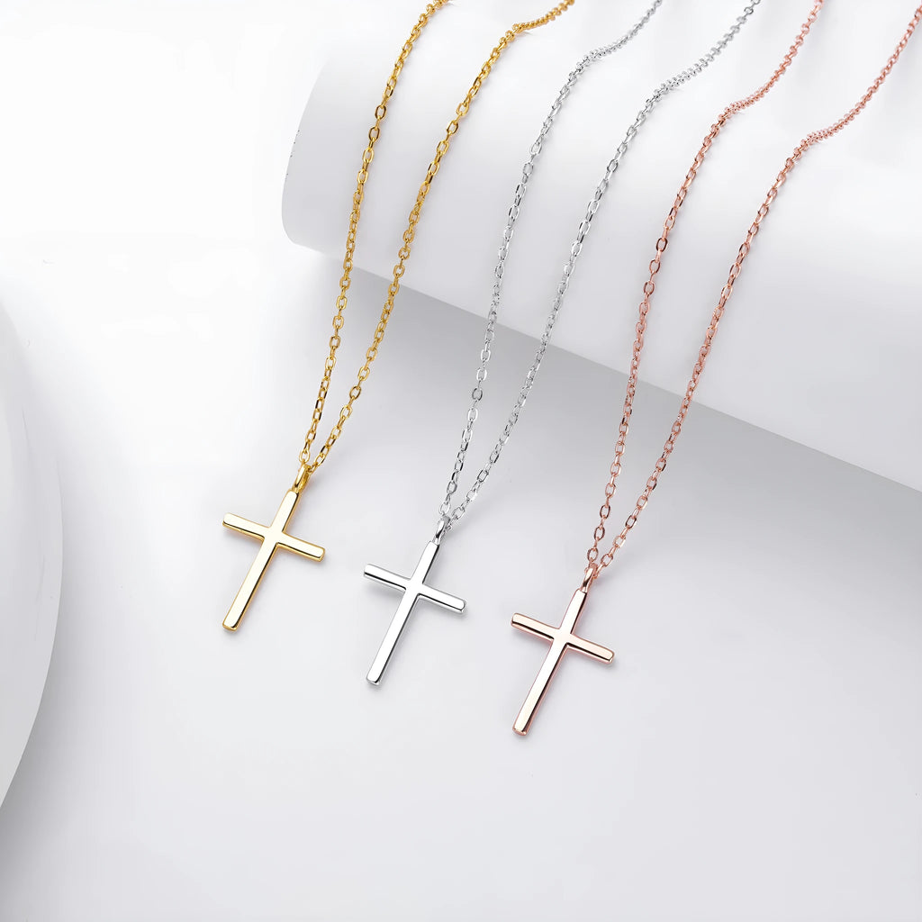 Sterling silver cross necklace with O-chain in gold, platinum or rose gold plating options