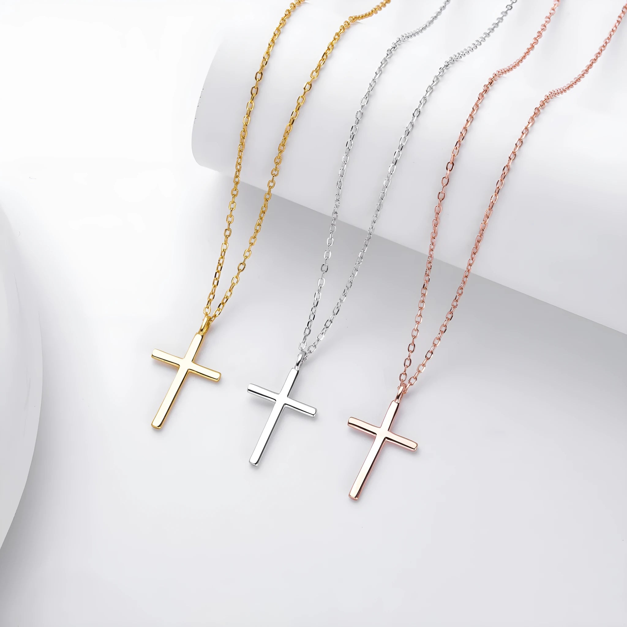 Sterling silver cross necklace with O-chain in gold, platinum or rose gold plating options