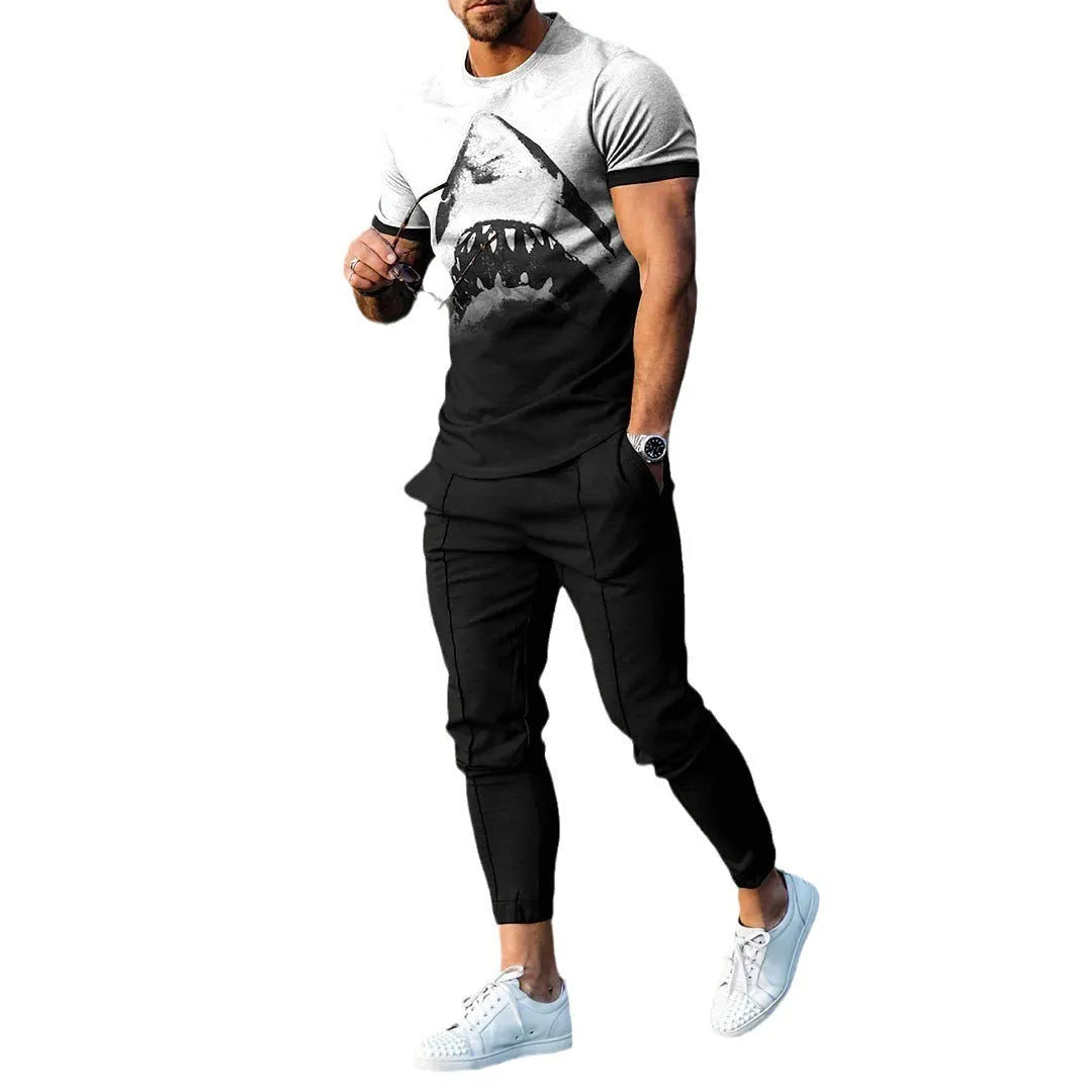 Men's short-sleeved printed pullover and matching trousers casual suit set