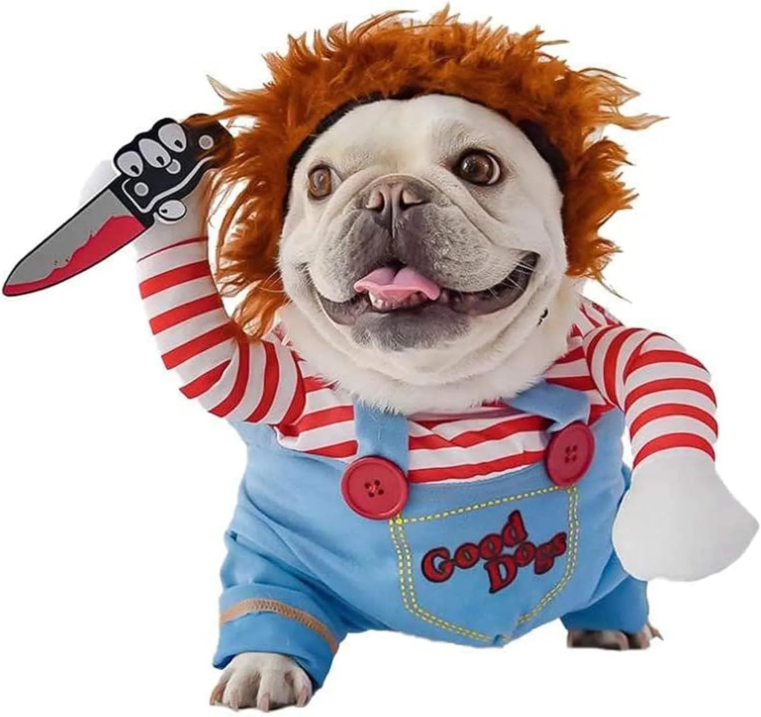 Striped Halloween harness pants costume for dogs and cats with fake knife prop, three-piece set