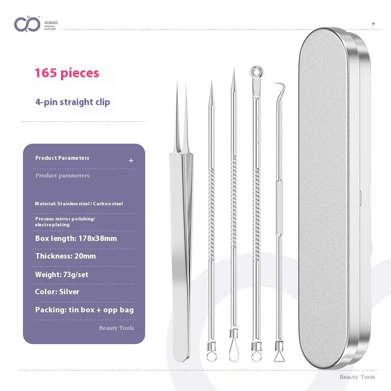 4-piece metal acne needle set with ultra fine pointed tips on silver background