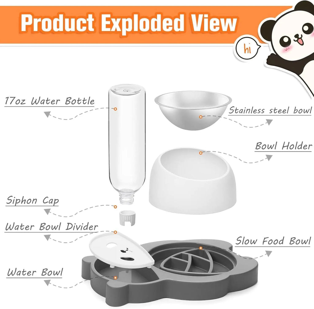 Grey panda-shaped raised pet feeder with tilted food bowl and automatic water bottle