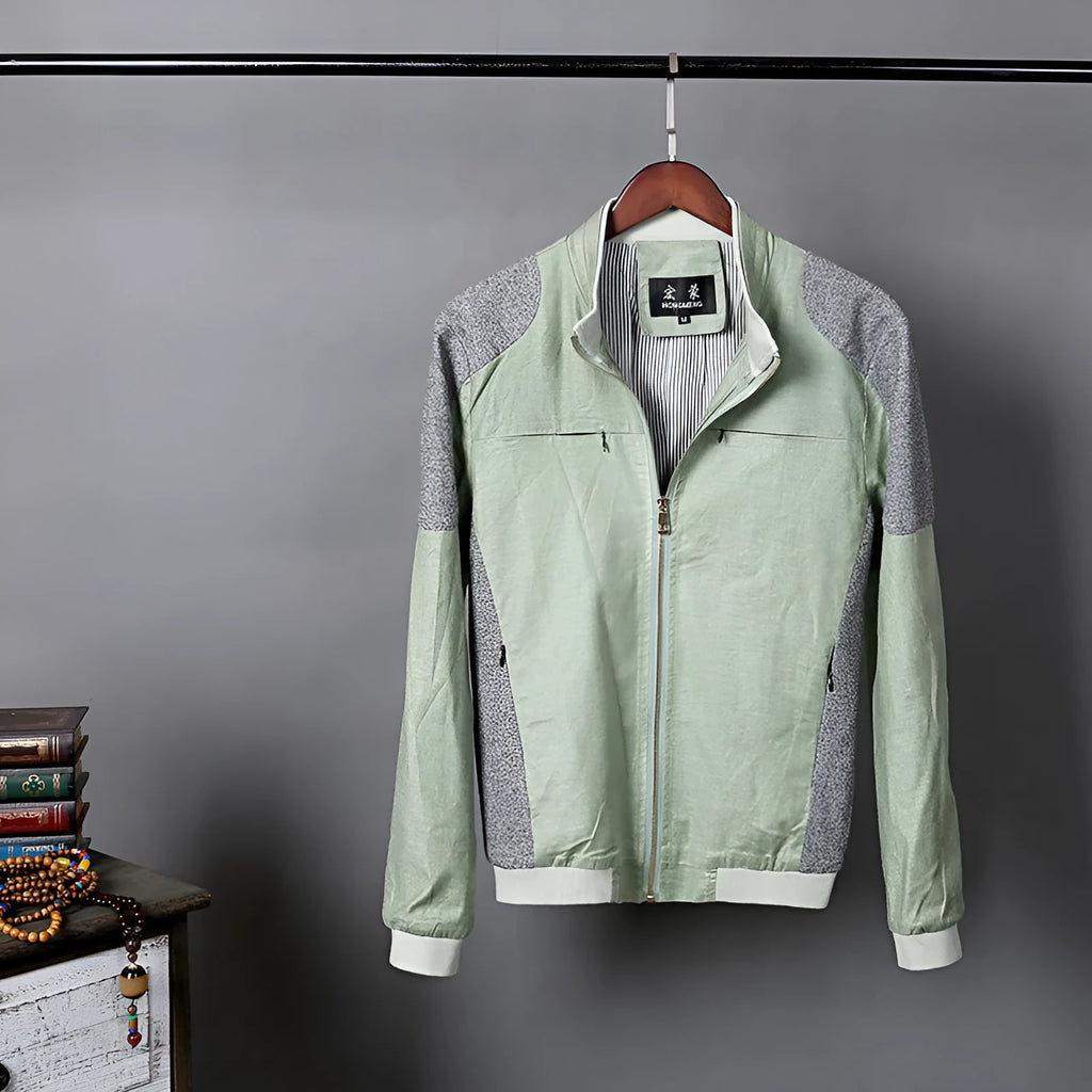 Men's thin cotton linen jacket in heather grey, grass green, and blue colours with regular cut