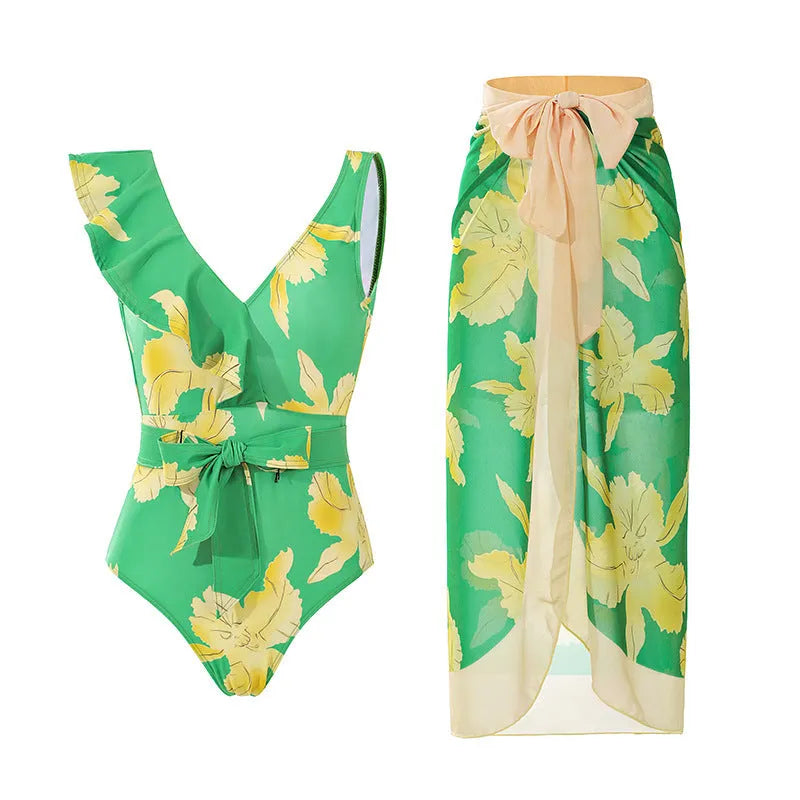 Women's solid colour spaghetti strap one-piece swimsuit with a matching skirt