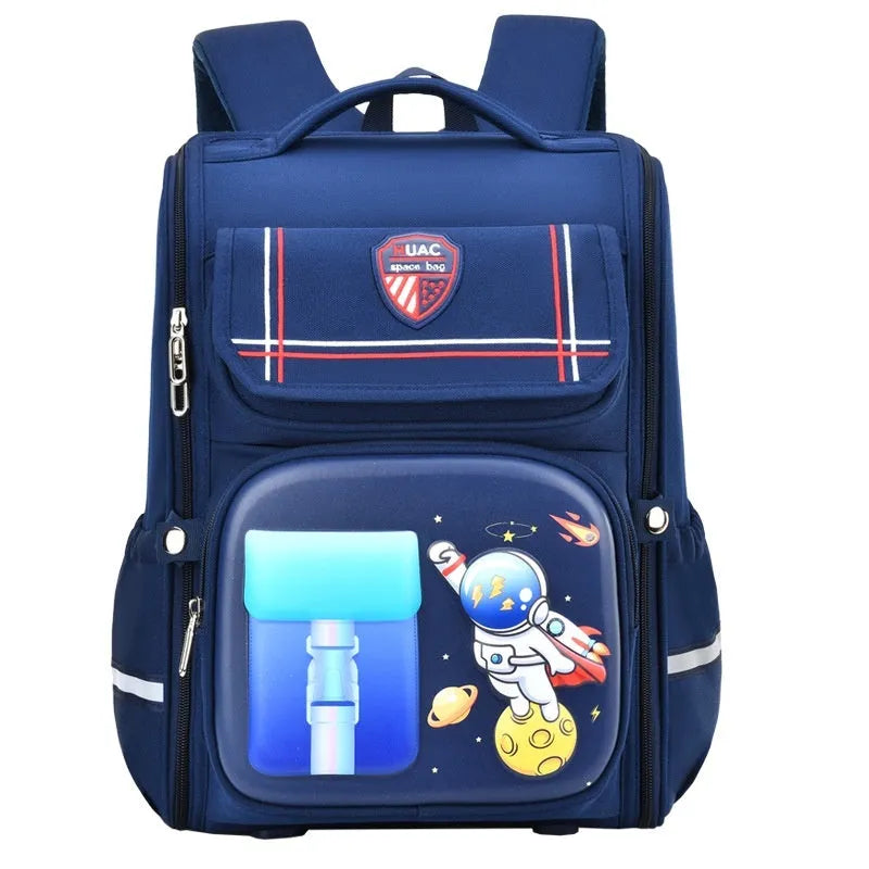 Children's large capacity cartoon backpack with airpillow straps in spaceman blue red colour