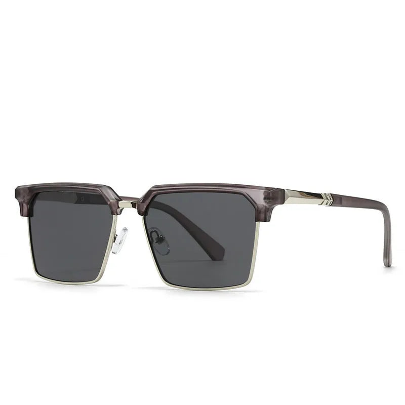 Men's square box style plastic sunglasses shown in one of six colour options.