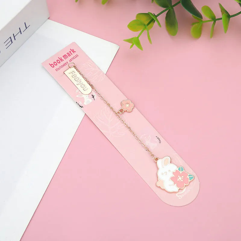 Cute cartoon metal pendant bookmark with cherry cat and sakura bunny designs