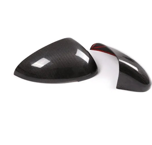 Pair of true carbon fibre rearview mirror covers for Porsche Macan, black finish.