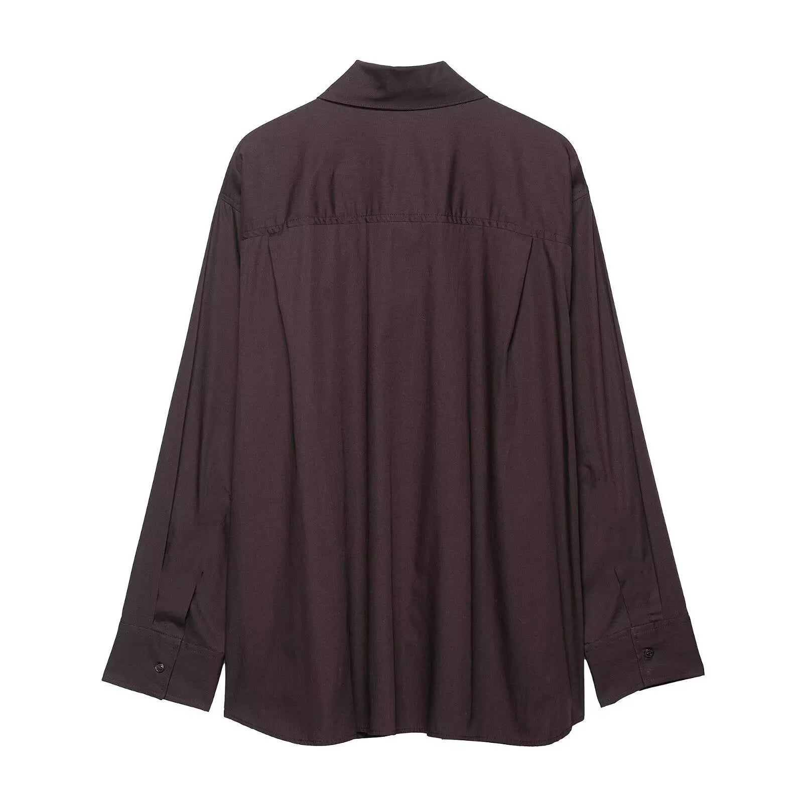 Brown women's poplin shirt with built-in scarf and bow tie detail, loose fit design