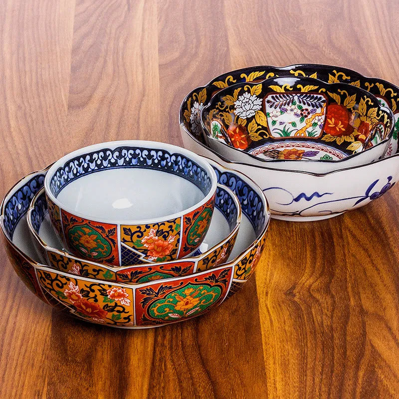 Japanese style ceramic 4-inch bowls with peony and floral patterns in retro gold, yellow and green colours