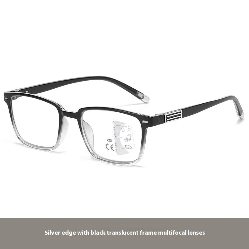 Anti blue light multifocal reading glasses with colour-changing grey PC lenses in a black and silver frame style.