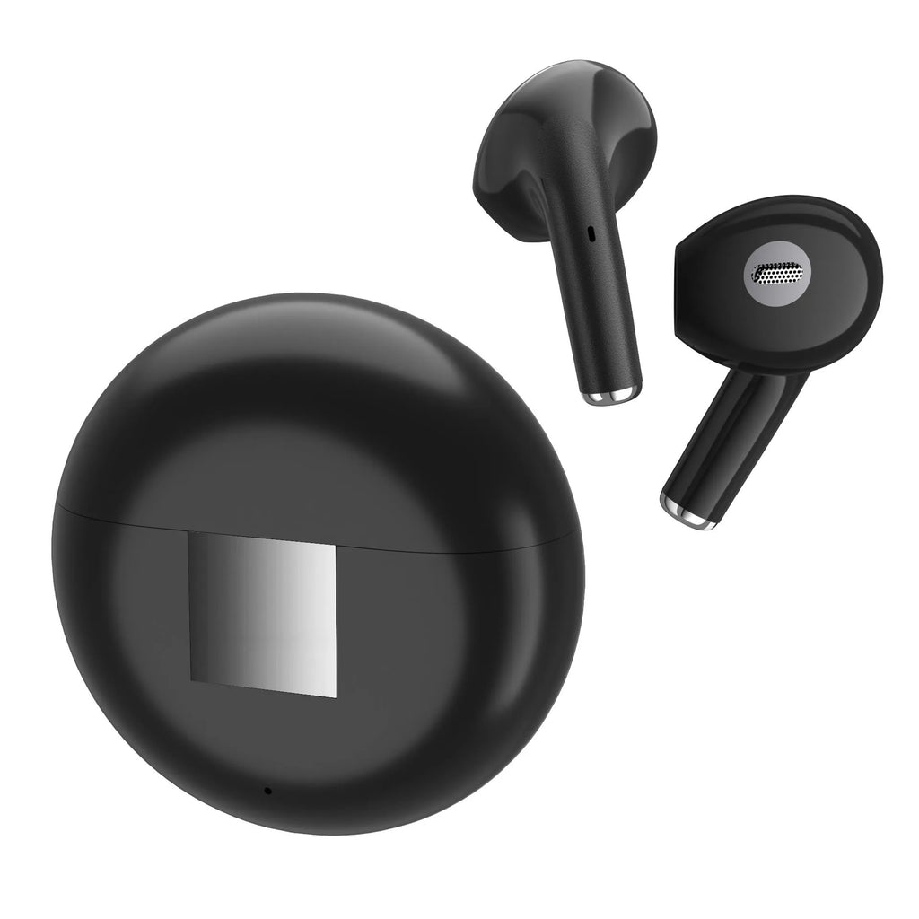 White Budz5 wireless Bluetooth semi-in-ear earphones with a charging compartment on a white background.