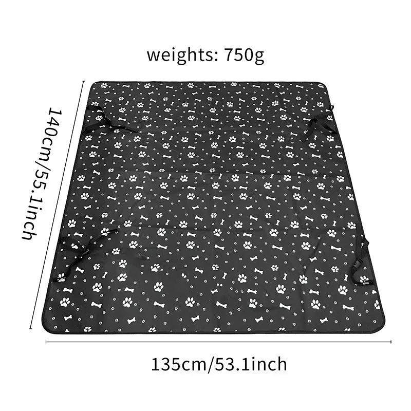 Grey cloth car pet mat with dog bone print protecting a car rear seat