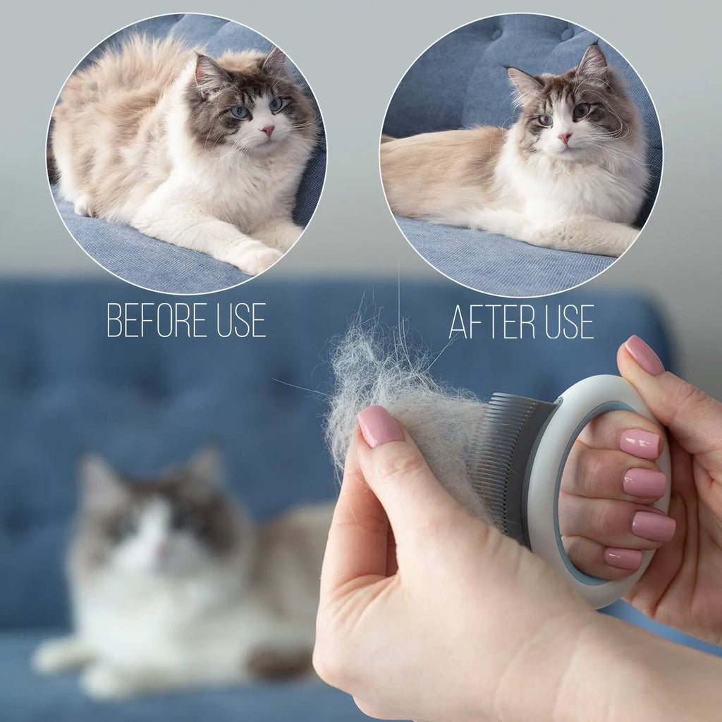 Blue pet grooming comb with ergonomic handle for deshedding and dematting cat and dog hair.