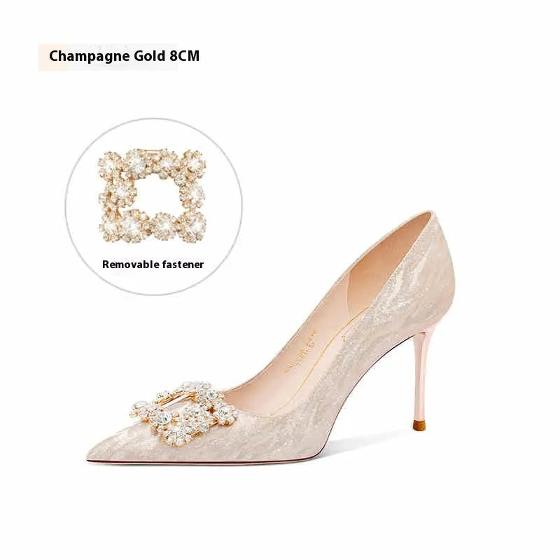 Champagne gold pointed toe high heels with stiletto heel and rhinestone decoration