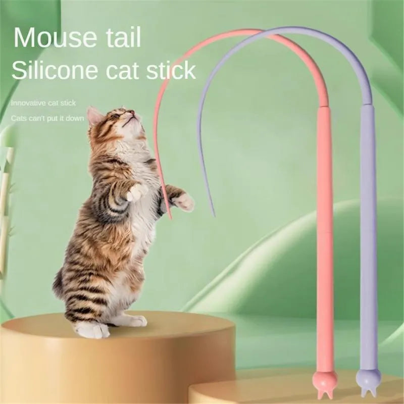 Simulated mouse tail cat toy with blue silicone tail and cat head design handle