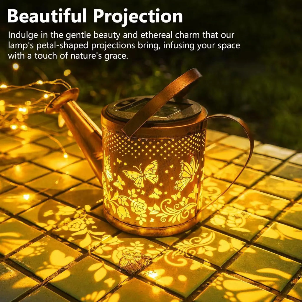 Solar-powered wrought iron kettle light with butterfly design for outdoor courtyard decoration
