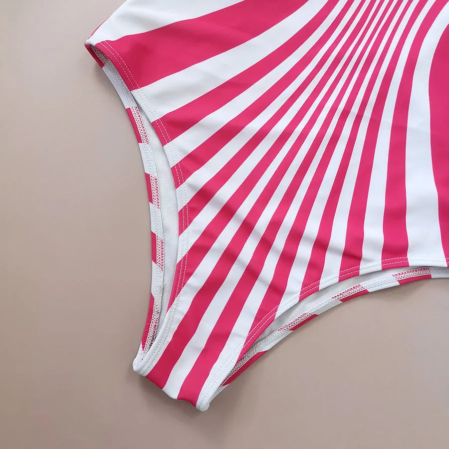 Pink striped women's one-piece swimsuit with digital printing front and back