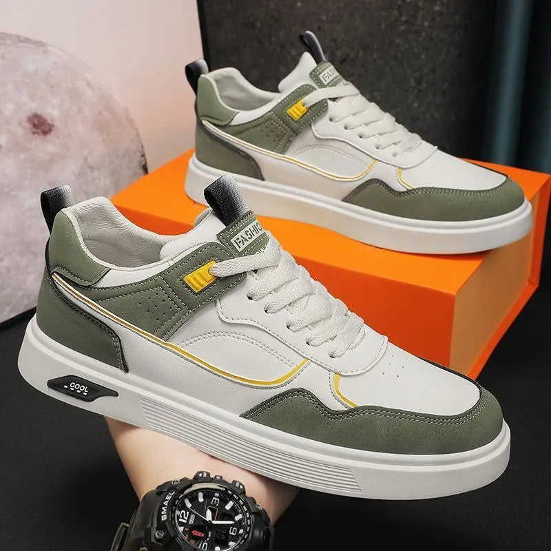 Men's low top canvas board shoes in beige with leather stitching detail and mesh lining