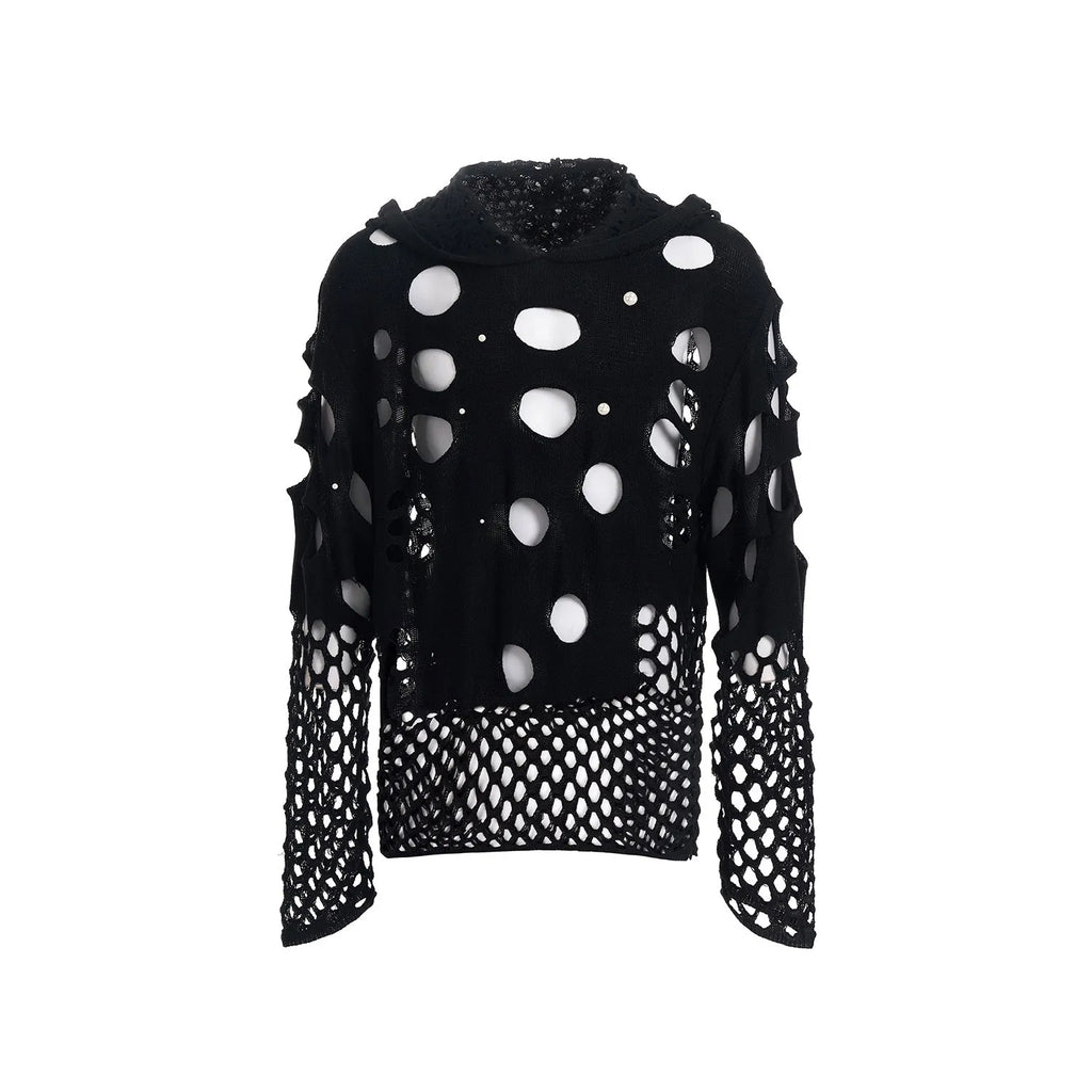 Men's black loose-fit hooded sweater with pearl decoration showing pullover design and regular sleeves
