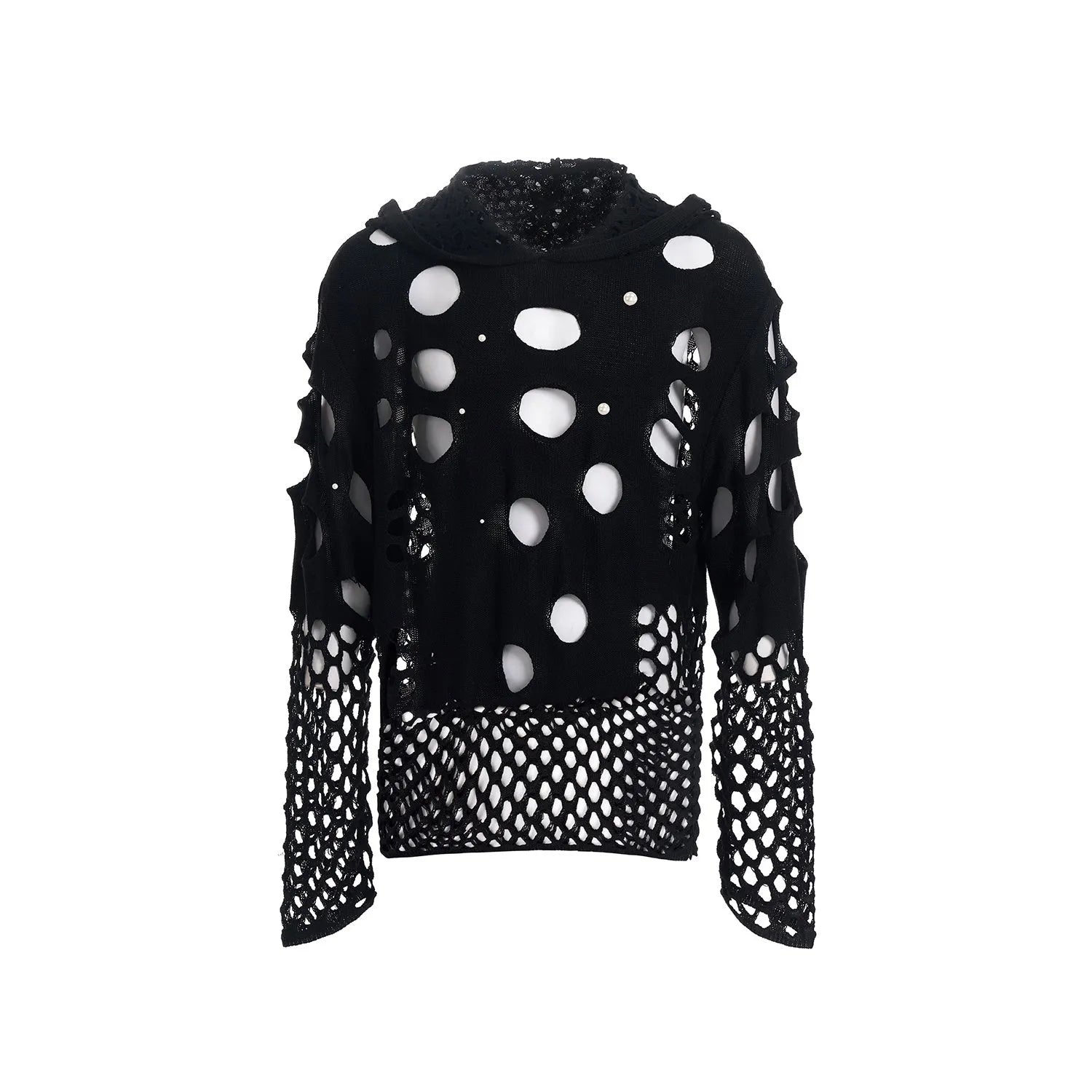 Men's black loose-fit hooded sweater with pearl decoration showing pullover design and regular sleeves