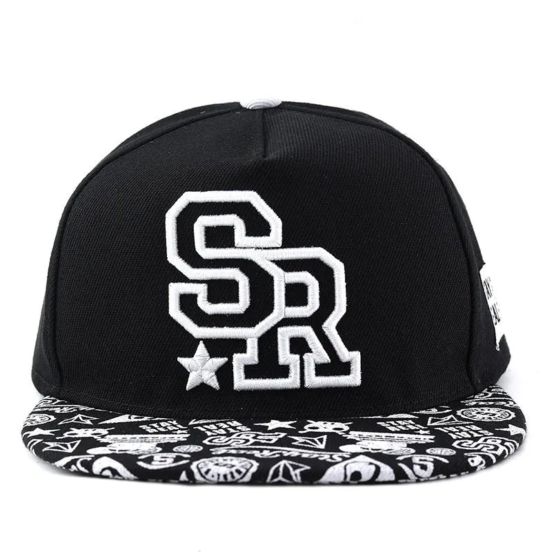 Cotton baseball cap with letter embroidery in black colour showing adjustable strap