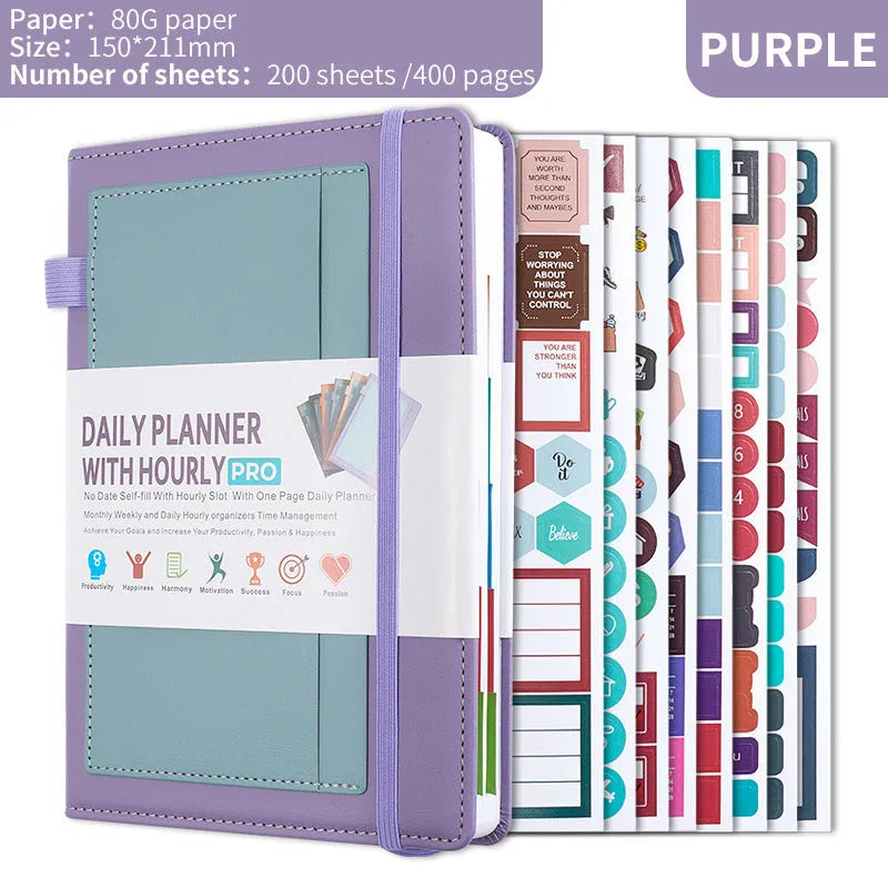 Creative trend notebook with PU cover, open to show undated strap and wood-free paper, with colour options displayed.